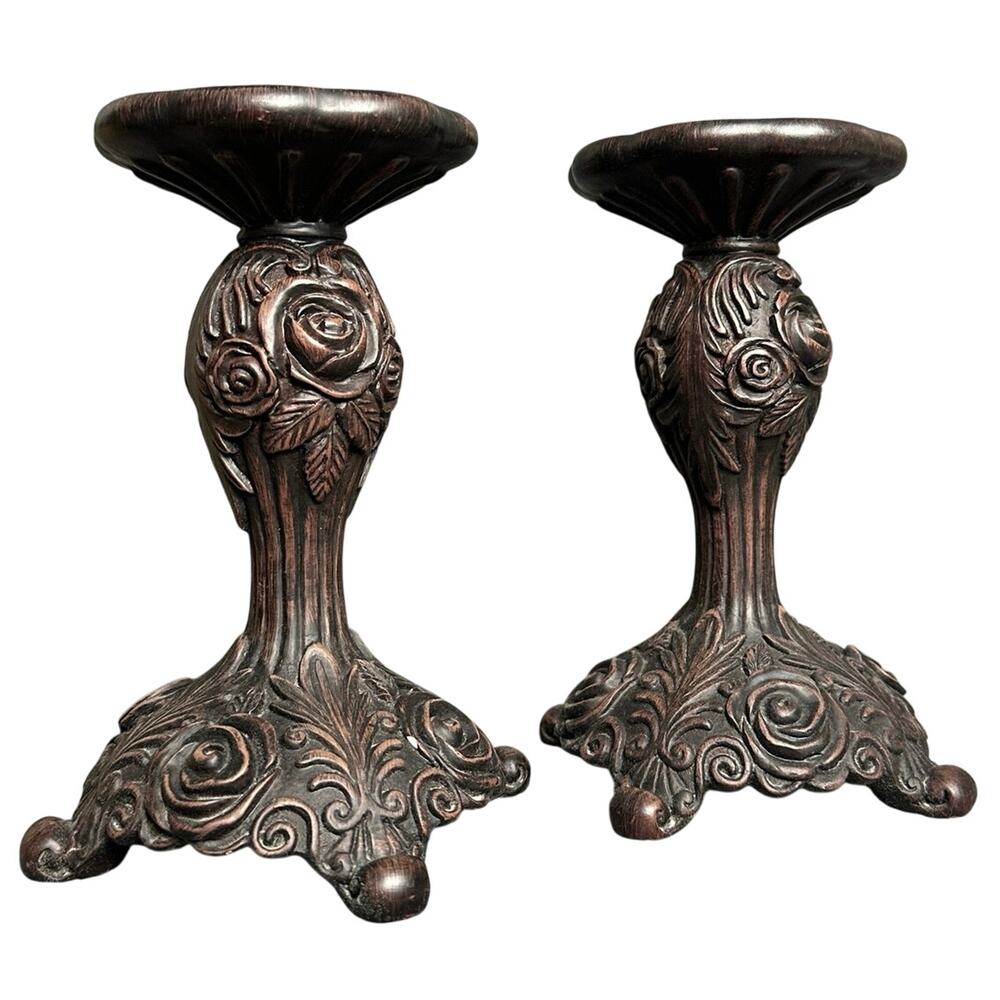 Vintage ornate bronzed candlesticks 7.5x3.5 Cheyenne baroque rococo art nouveau